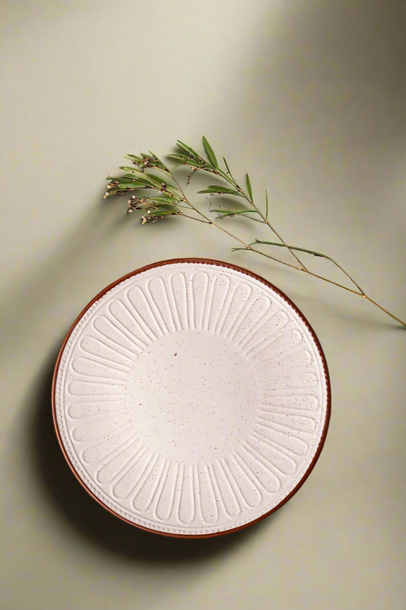 Ivory Embossed Ceramic Dinner Plate w/ Radial Brown Rim Detailing