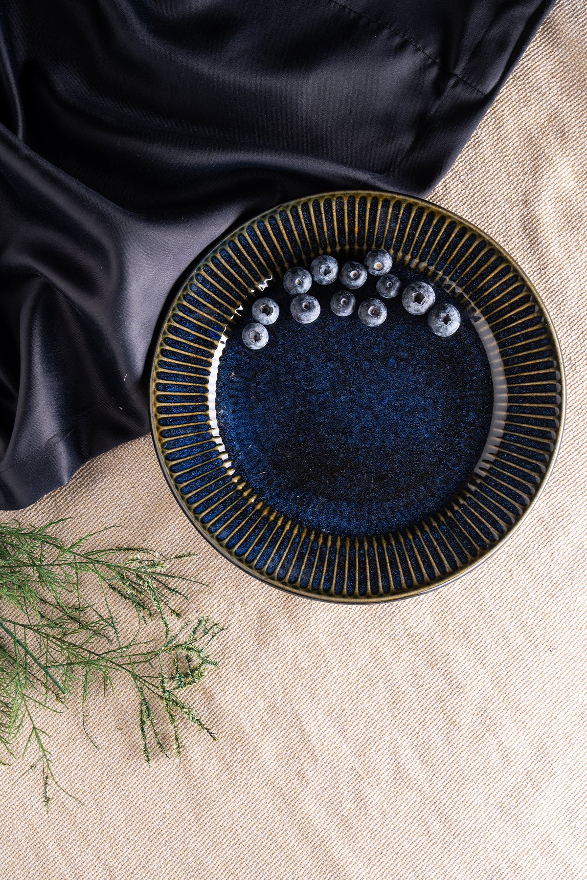 Deep Cobalt Blue Ceramic Dinner Plate w/ Golden Radial Glaze