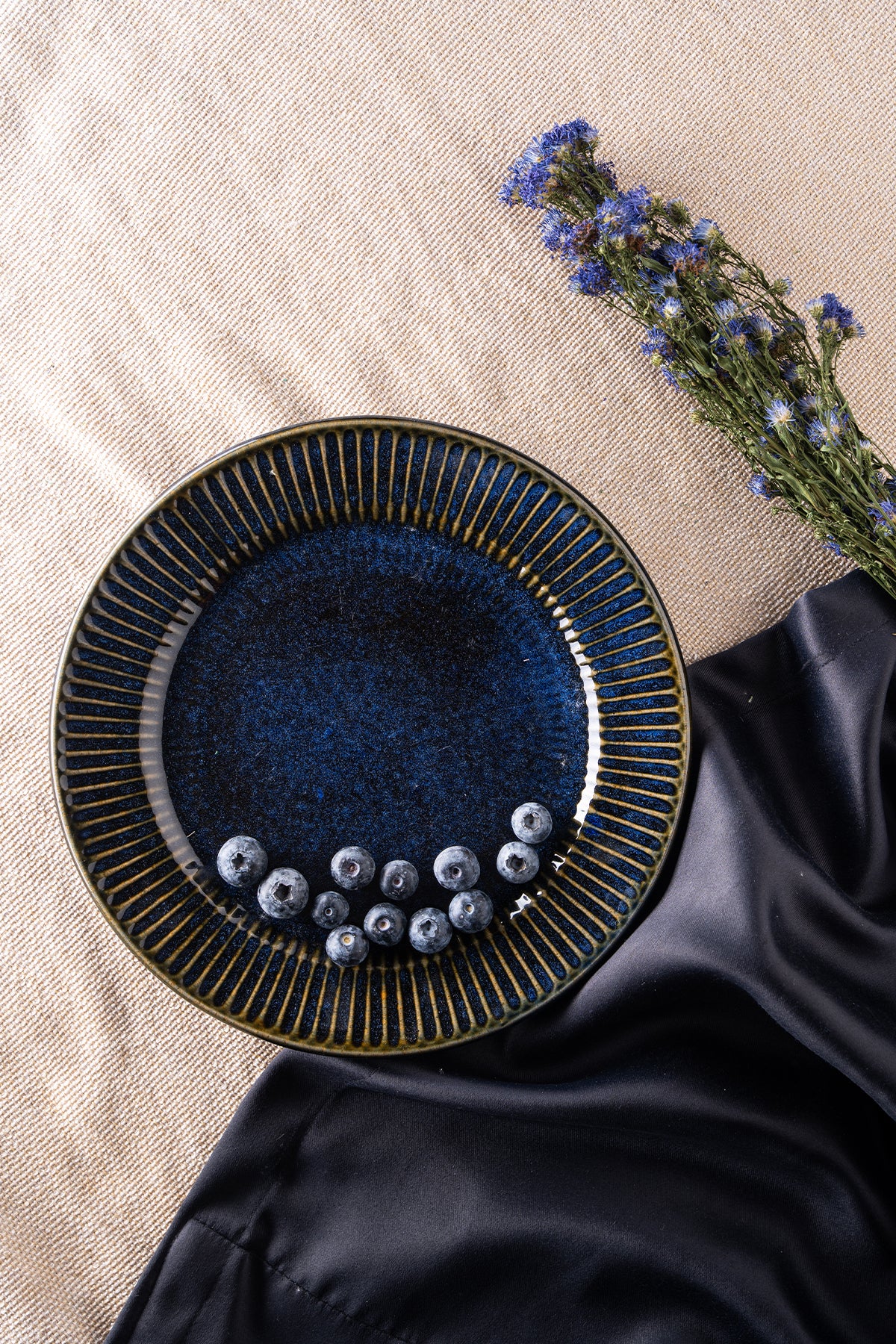 Deep Cobalt Blue Ceramic Dinner Plate w/ Golden Radial Glaze