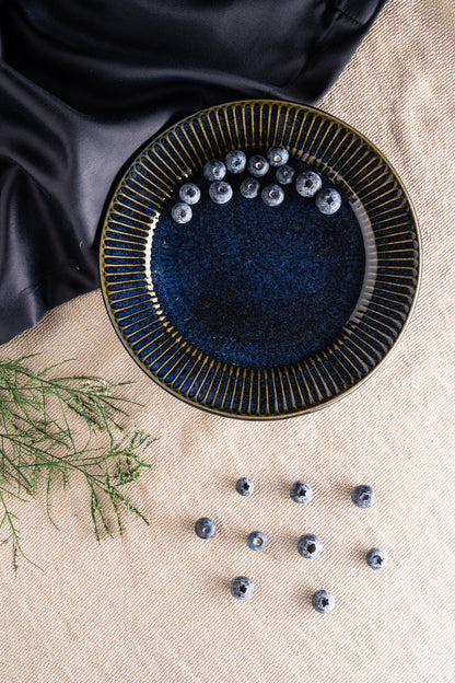 Deep Cobalt Blue Ceramic Dinner Plate w/ Golden Radial Glaze