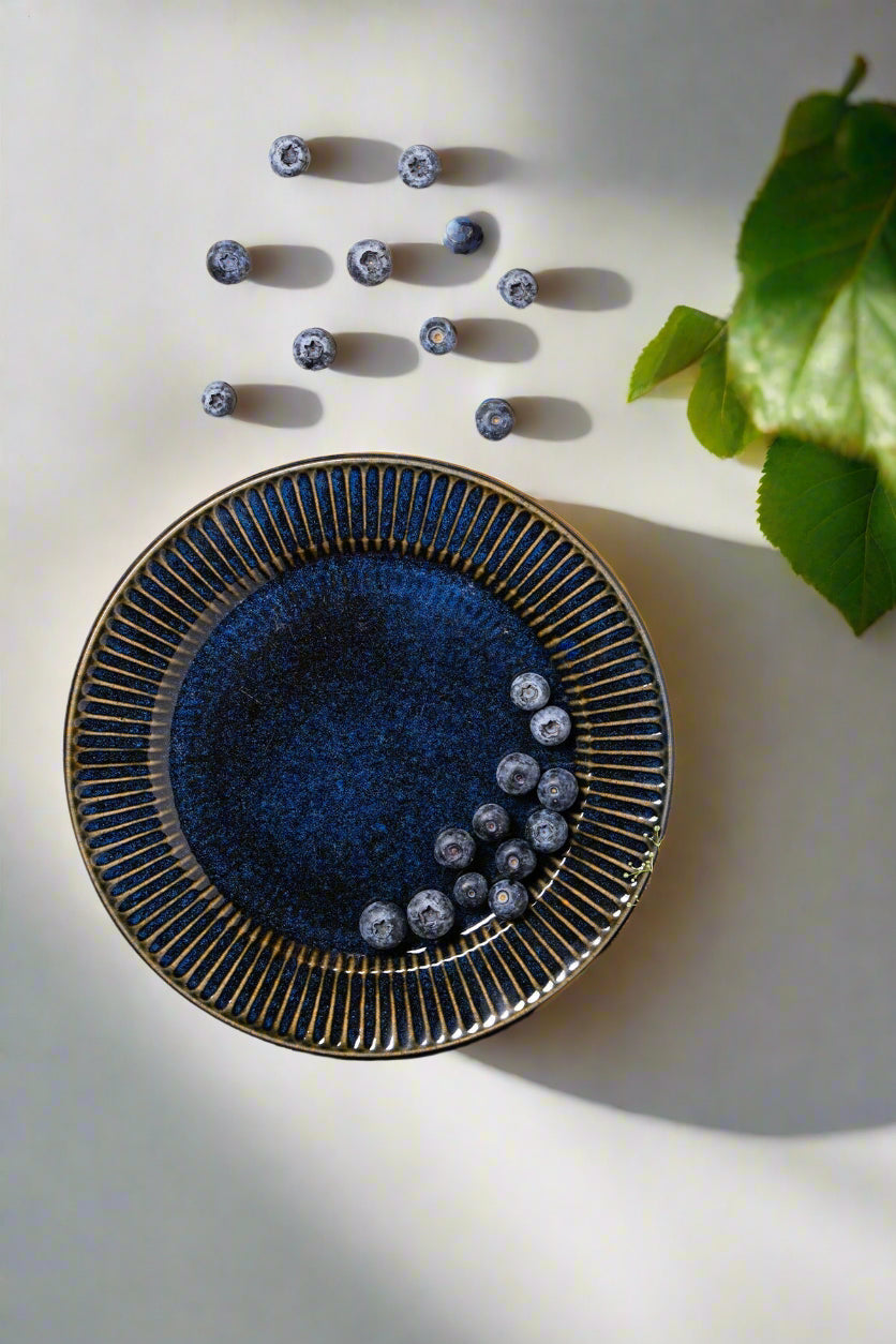 Deep Cobalt Blue Ceramic Dinner Plate w/ Golden Radial Glaze