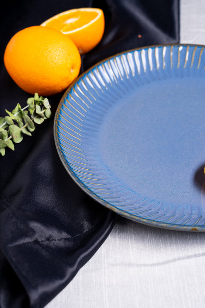 Slate Blue Gloss Ceramic Dinner Plate w/ Golden Ridge Detailing