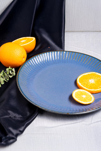 Slate Blue Gloss Ceramic Dinner Plate w/ Golden Ridge Detailing