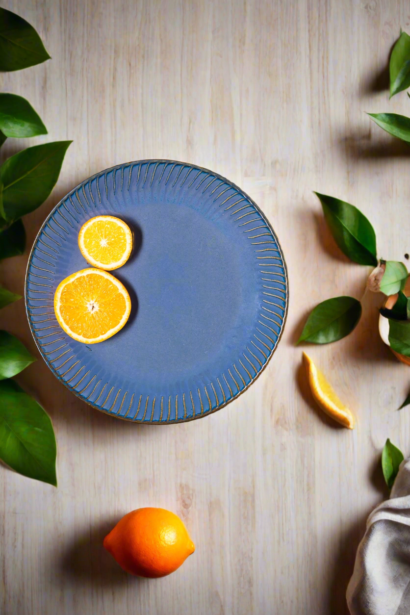 Slate Blue Gloss Ceramic Dinner Plate w/ Golden Ridge Detailing