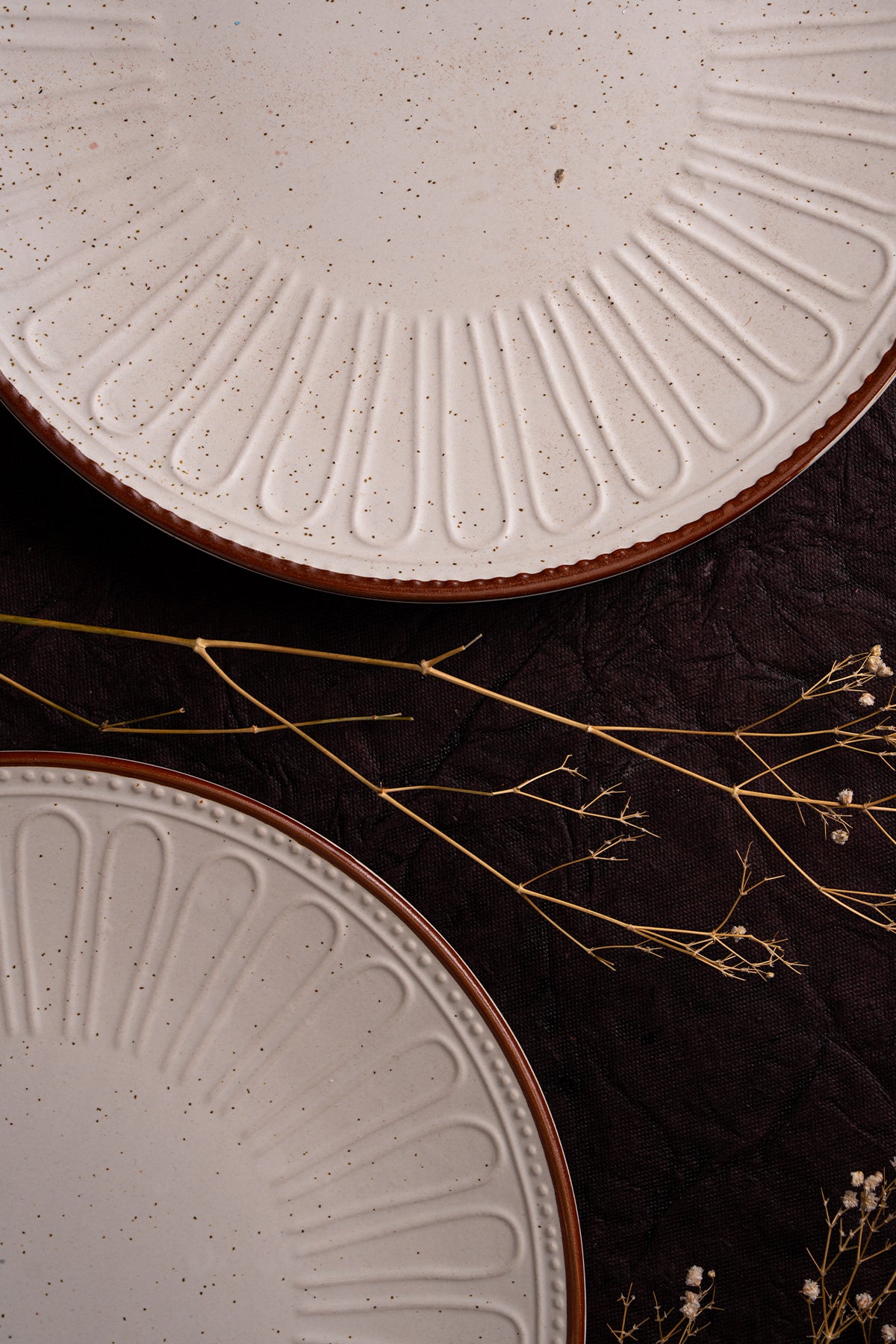 Ivory Embossed Ceramic Dinner Plate w/ Radial Brown Rim Detailing