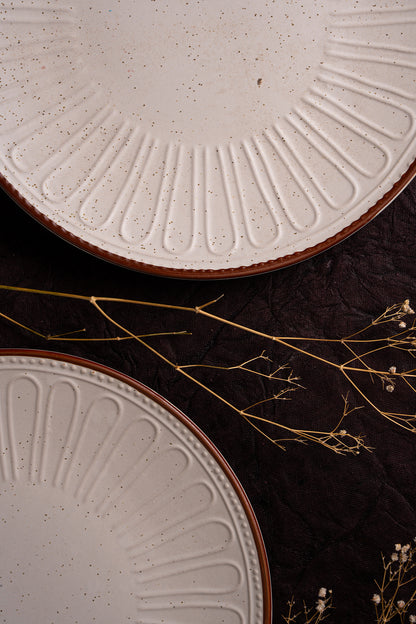 Ivory Embossed Ceramic Dinner Plate w/ Radial Brown Rim Detailing