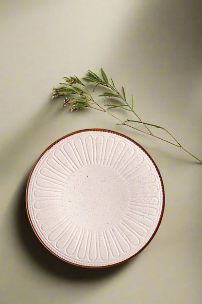 Ivory Embossed Ceramic Dinner Plate w/ Radial Brown Rim Detailing