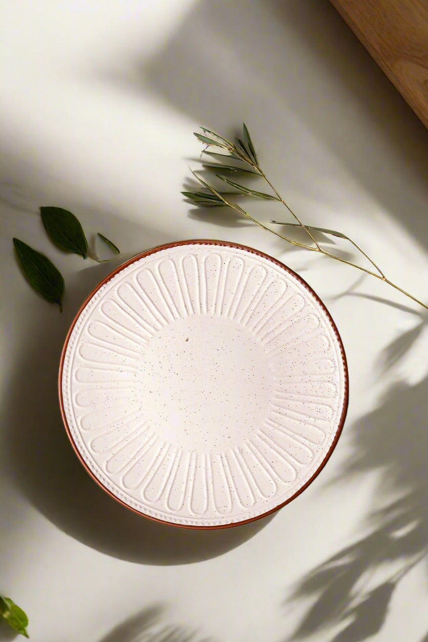 Ivory Embossed Ceramic Dinner Plate w/ Radial Brown Rim Detailing