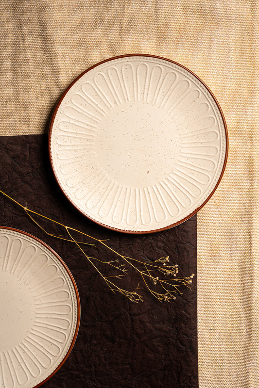 Ivory Embossed Ceramic Dinner Plate w/ Radial Brown Rim Detailing
