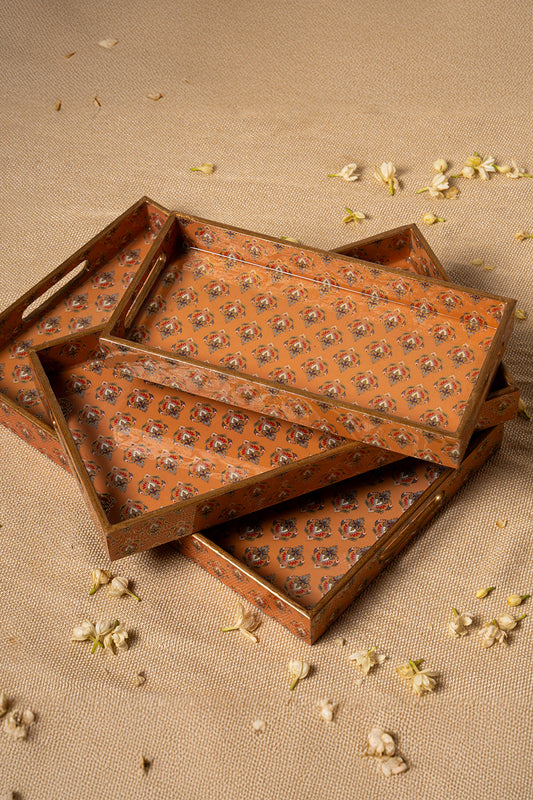 Heritage Coral Wooden Serving Tray w/ Damask Pattern