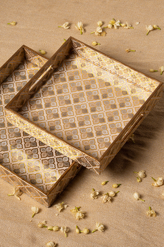 Ivory & Dove Grey Wooden Serving Tray w/ Moroccan Motifs