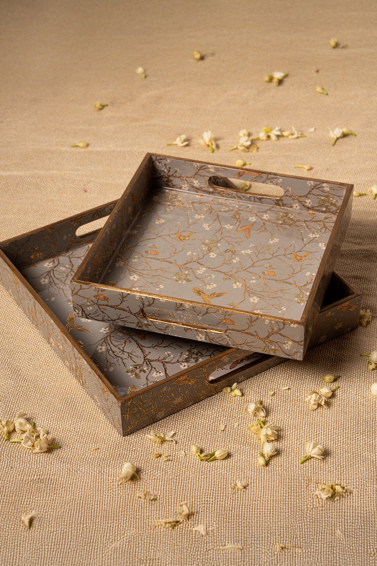 Misty Grey Wooden Serving Tray w/ Bird-and-Blossom Motif